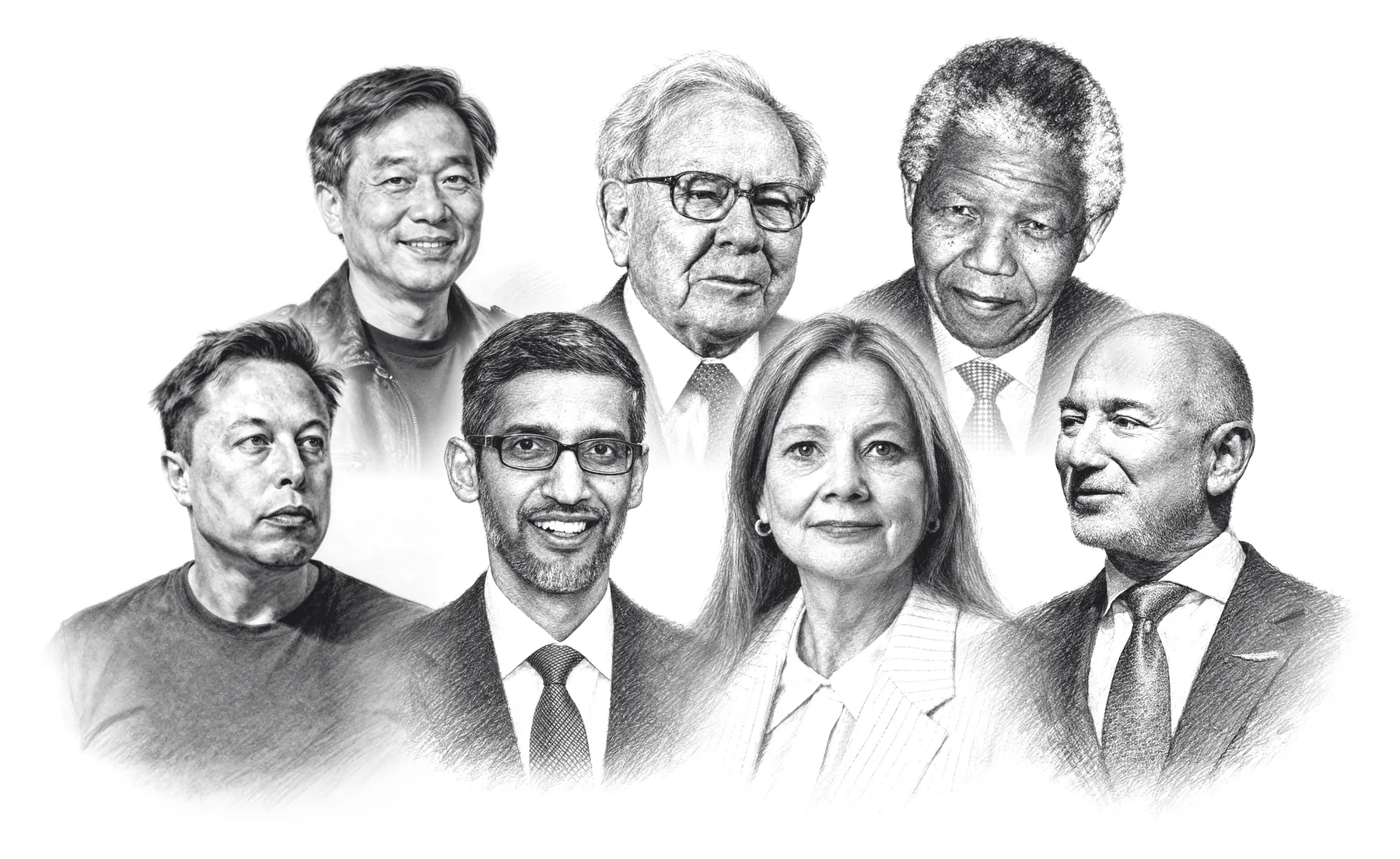 Pencil drawing of seven of the people profiled. Back row: Jensen Huang, Warren Buffett and Nelson Mandela. Front row: Elon Musk, Sundar Pichai, Mary Barra and Jeff Bezos